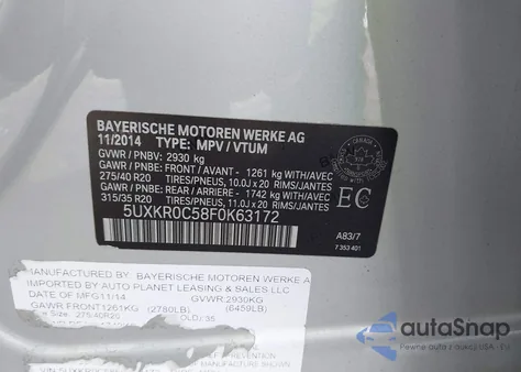 2015 BMW X5 xDrive35I из США, поврежденный, VIN 5UXKR0C58F0K63172